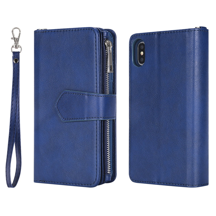 For iPhone XS Max 2 in 1 Solid Color Zipper Shockproof Protective Case with Card Slots & Bracket & Photo Holder & Wallet Function(Blue) - More iPhone Cases by buy2fix | Online Shopping UK | buy2fix