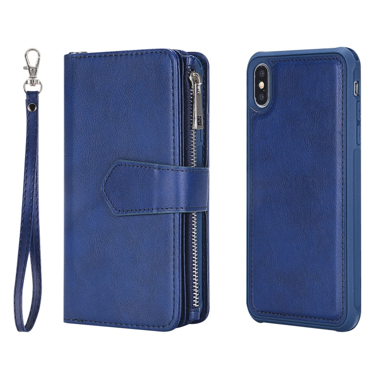 For iPhone XS Max 2 in 1 Solid Color Zipper Shockproof Protective Case with Card Slots & Bracket & Photo Holder & Wallet Function(Blue) - More iPhone Cases by buy2fix | Online Shopping UK | buy2fix