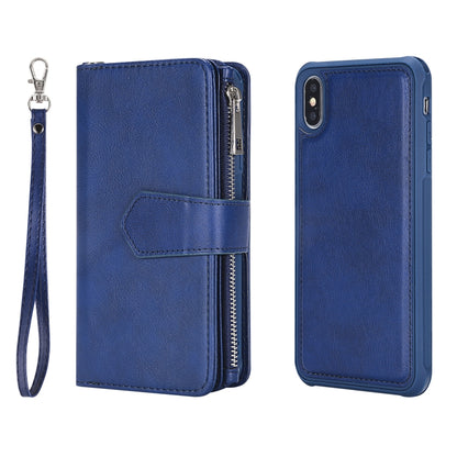 For iPhone XS Max 2 in 1 Solid Color Zipper Shockproof Protective Case with Card Slots & Bracket & Photo Holder & Wallet Function(Blue) - More iPhone Cases by buy2fix | Online Shopping UK | buy2fix