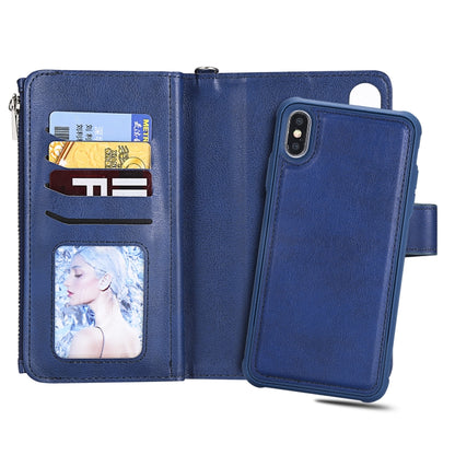 For iPhone XS Max 2 in 1 Solid Color Zipper Shockproof Protective Case with Card Slots & Bracket & Photo Holder & Wallet Function(Blue) - More iPhone Cases by buy2fix | Online Shopping UK | buy2fix