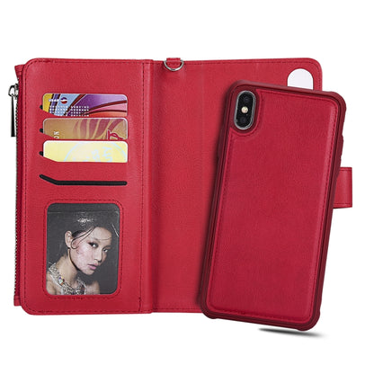 For iPhone XS Max 2 in 1 Solid Color Zipper Shockproof Protective Case with Card Slots & Bracket & Photo Holder & Wallet Function(Red) - More iPhone Cases by buy2fix | Online Shopping UK | buy2fix