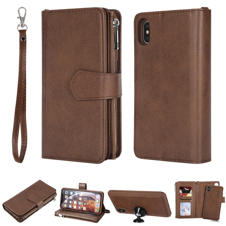 For iPhone XS Max 2 in 1 Solid Color Zipper Shockproof Protective Case with Card Slots & Bracket & Photo Holder & Wallet Function(Brown) - More iPhone Cases by buy2fix | Online Shopping UK | buy2fix