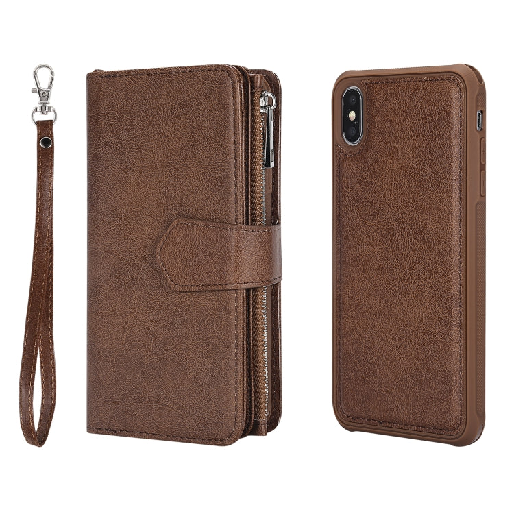 For iPhone XS Max 2 in 1 Solid Color Zipper Shockproof Protective Case with Card Slots & Bracket & Photo Holder & Wallet Function(Brown) - More iPhone Cases by buy2fix | Online Shopping UK | buy2fix
