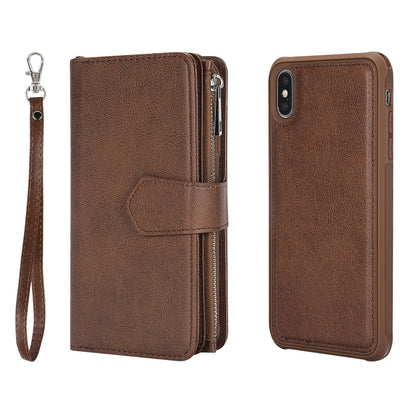 For iPhone XS Max 2 in 1 Solid Color Zipper Shockproof Protective Case with Card Slots & Bracket & Photo Holder & Wallet Function(Brown) - More iPhone Cases by buy2fix | Online Shopping UK | buy2fix