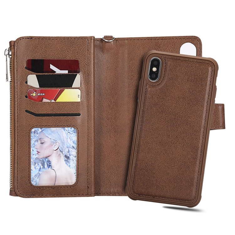 For iPhone XS Max 2 in 1 Solid Color Zipper Shockproof Protective Case with Card Slots & Bracket & Photo Holder & Wallet Function(Brown) - More iPhone Cases by buy2fix | Online Shopping UK | buy2fix