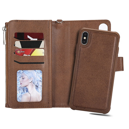 For iPhone XS Max 2 in 1 Solid Color Zipper Shockproof Protective Case with Card Slots & Bracket & Photo Holder & Wallet Function(Brown) - More iPhone Cases by buy2fix | Online Shopping UK | buy2fix