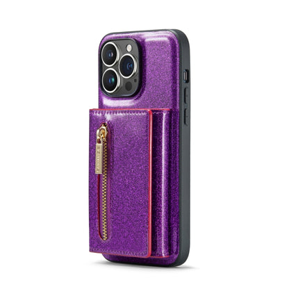 For iPhone 14 Pro Max DG.MING M3 Series Glitter Powder Card Bag Leather Case(Dark Purple) by DG.MING