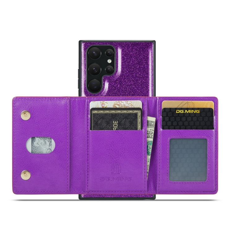 For Samsung Galaxy S22 Ultra 5G DG.MING M3 Series Glitter Powder Card Bag Leather Case(Dark Purple) - Galaxy S22 Ultra 5G Cases by DG.MING | Online Shopping UK | buy2fix