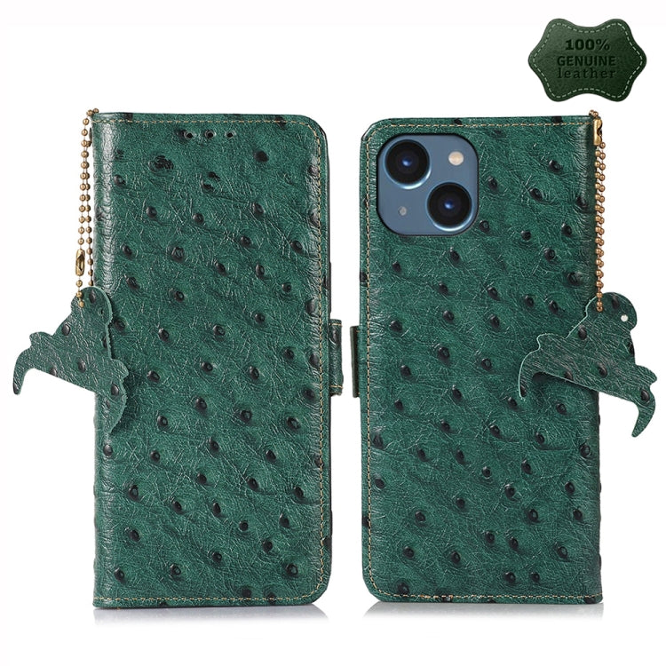 For iPhone 14 Ostrich Pattern Genuine Leather RFID Phone Case(Green) - iPhone 14 Cases by buy2fix | Online Shopping UK | buy2fix
