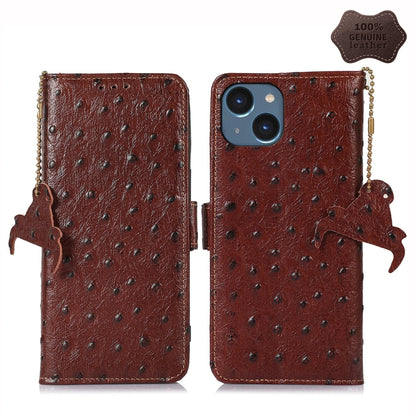 For iPhone 14 Plus Ostrich Pattern Genuine Leather RFID Phone Case(Coffee) - iPhone 14 Plus Cases by buy2fix | Online Shopping UK | buy2fix