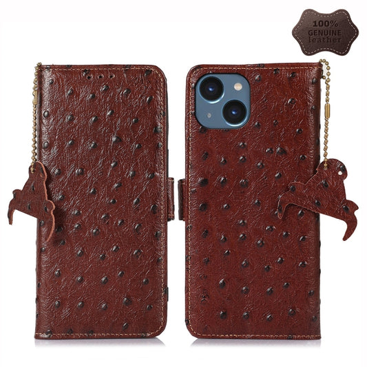 For iPhone 14 Plus Ostrich Pattern Genuine Leather RFID Phone Case(Coffee) - iPhone 14 Plus Cases by buy2fix | Online Shopping UK | buy2fix