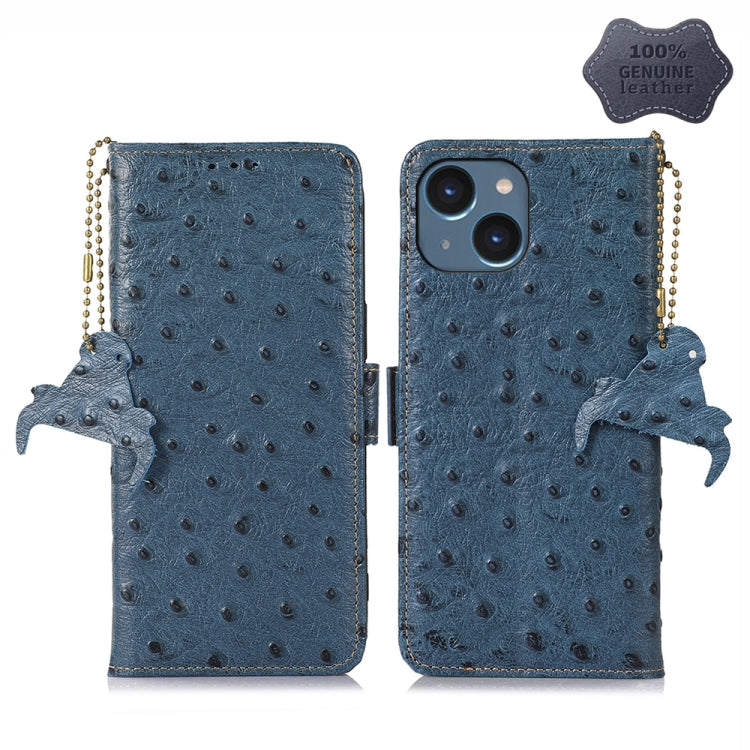 For iPhone 14 Plus Ostrich Pattern Genuine Leather RFID Phone Case(Blue) - iPhone 14 Plus Cases by buy2fix | Online Shopping UK | buy2fix