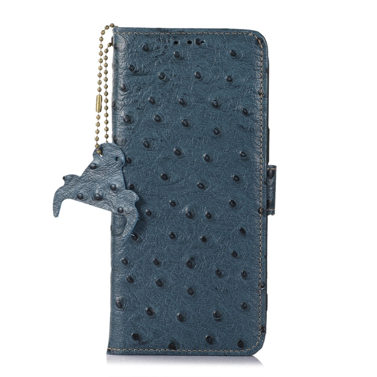 For iPhone 14 Plus Ostrich Pattern Genuine Leather RFID Phone Case(Blue) - iPhone 14 Plus Cases by buy2fix | Online Shopping UK | buy2fix