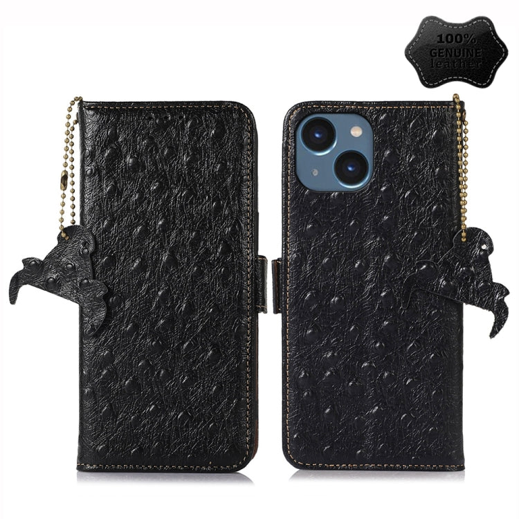 For iPhone 14 Plus Ostrich Pattern Genuine Leather RFID Phone Case(Black) - iPhone 14 Plus Cases by buy2fix | Online Shopping UK | buy2fix