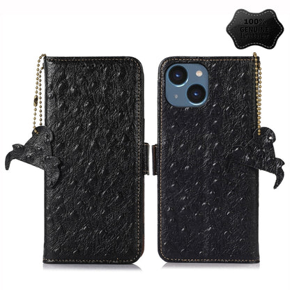 For iPhone 14 Plus Ostrich Pattern Genuine Leather RFID Phone Case(Black) - iPhone 14 Plus Cases by buy2fix | Online Shopping UK | buy2fix
