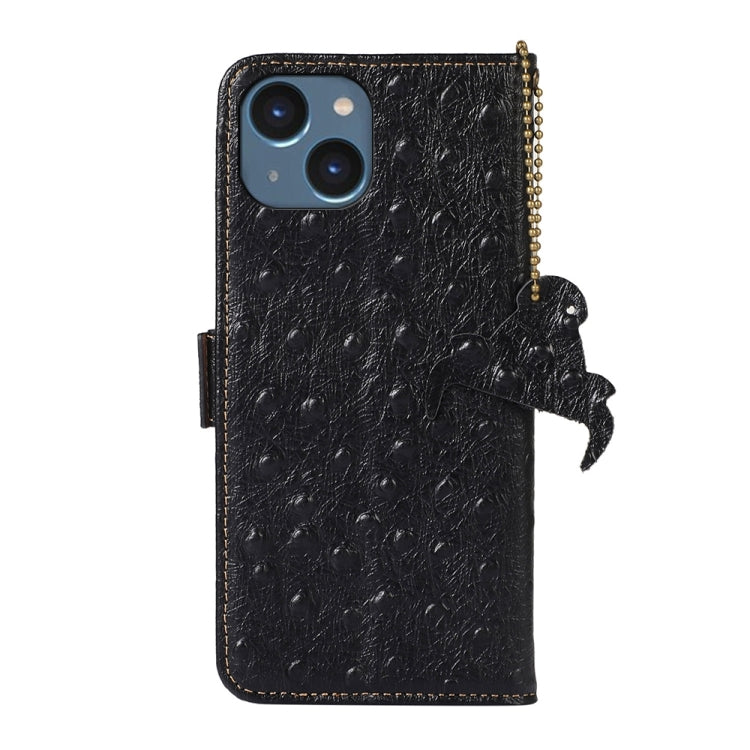 For iPhone 14 Plus Ostrich Pattern Genuine Leather RFID Phone Case(Black) - iPhone 14 Plus Cases by buy2fix | Online Shopping UK | buy2fix