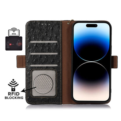 For iPhone 14 Plus Ostrich Pattern Genuine Leather RFID Phone Case(Black) - iPhone 14 Plus Cases by buy2fix | Online Shopping UK | buy2fix