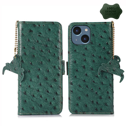 For iPhone 14 Plus Ostrich Pattern Genuine Leather RFID Phone Case(Green) - iPhone 14 Plus Cases by buy2fix | Online Shopping UK | buy2fix