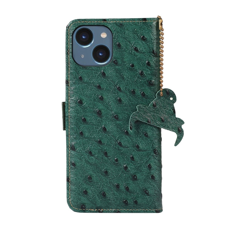 For iPhone 14 Plus Ostrich Pattern Genuine Leather RFID Phone Case(Green) - iPhone 14 Plus Cases by buy2fix | Online Shopping UK | buy2fix