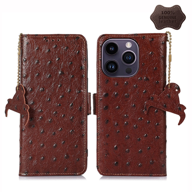 For iPhone 14 Pro Max Ostrich Pattern Genuine Leather RFID Phone Case(Coffee) - iPhone 14 Pro Max Cases by buy2fix | Online Shopping UK | buy2fix