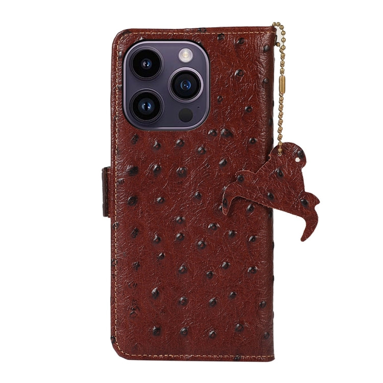 For iPhone 14 Pro Max Ostrich Pattern Genuine Leather RFID Phone Case(Coffee) - iPhone 14 Pro Max Cases by buy2fix | Online Shopping UK | buy2fix