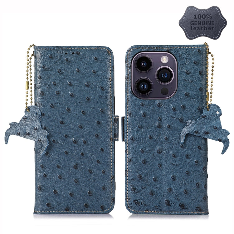 For iPhone 14 Pro Max Ostrich Pattern Genuine Leather RFID Phone Case(Blue) - iPhone 14 Pro Max Cases by buy2fix | Online Shopping UK | buy2fix