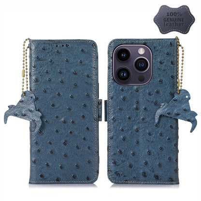 For iPhone 14 Pro Max Ostrich Pattern Genuine Leather RFID Phone Case(Blue) - iPhone 14 Pro Max Cases by buy2fix | Online Shopping UK | buy2fix