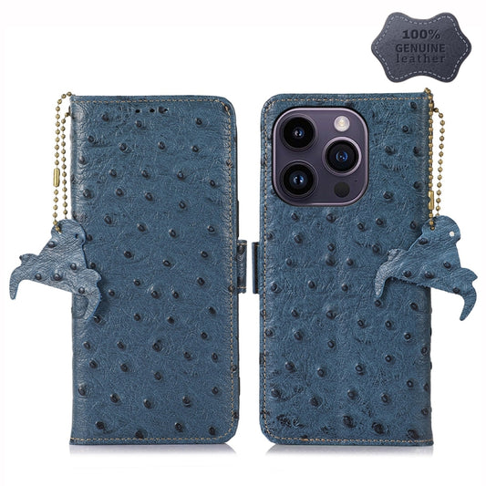 For iPhone 14 Pro Max Ostrich Pattern Genuine Leather RFID Phone Case(Blue) - iPhone 14 Pro Max Cases by buy2fix | Online Shopping UK | buy2fix