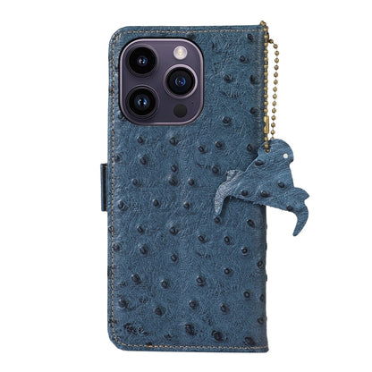 For iPhone 14 Pro Max Ostrich Pattern Genuine Leather RFID Phone Case(Blue) - iPhone 14 Pro Max Cases by buy2fix | Online Shopping UK | buy2fix