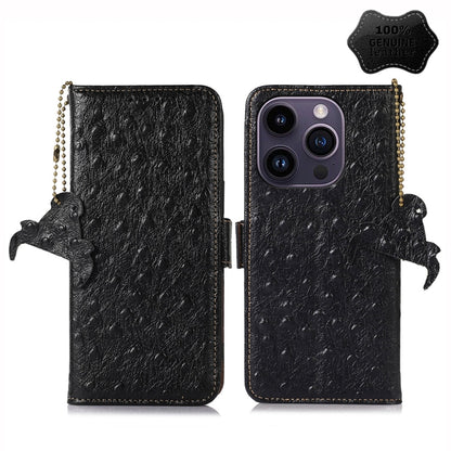 For iPhone 14 Pro Max Ostrich Pattern Genuine Leather RFID Phone Case(Black) - iPhone 14 Pro Max Cases by buy2fix | Online Shopping UK | buy2fix