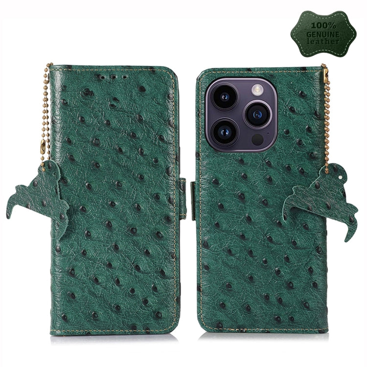 For iPhone 14 Pro Max Ostrich Pattern Genuine Leather RFID Phone Case(Green) - iPhone 14 Pro Max Cases by buy2fix | Online Shopping UK | buy2fix