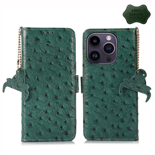 For iPhone 14 Pro Max Ostrich Pattern Genuine Leather RFID Phone Case(Green) - iPhone 14 Pro Max Cases by buy2fix | Online Shopping UK | buy2fix