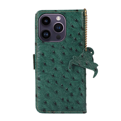 For iPhone 14 Pro Max Ostrich Pattern Genuine Leather RFID Phone Case(Green) - iPhone 14 Pro Max Cases by buy2fix | Online Shopping UK | buy2fix