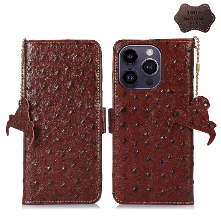 For iPhone 15 Pro Max Ostrich Pattern Genuine Leather RFID Phone Case(Coffee) - iPhone 15 Pro Max Cases by buy2fix | Online Shopping UK | buy2fix