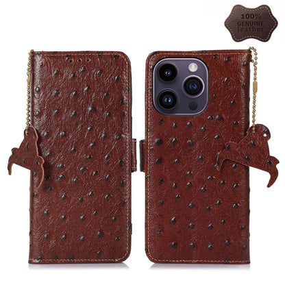 For iPhone 15 Pro Max Ostrich Pattern Genuine Leather RFID Phone Case(Coffee) - iPhone 15 Pro Max Cases by buy2fix | Online Shopping UK | buy2fix