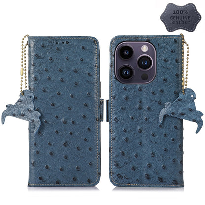 For iPhone 15 Pro Max Ostrich Pattern Genuine Leather RFID Phone Case(Blue) - iPhone 15 Pro Max Cases by buy2fix | Online Shopping UK | buy2fix