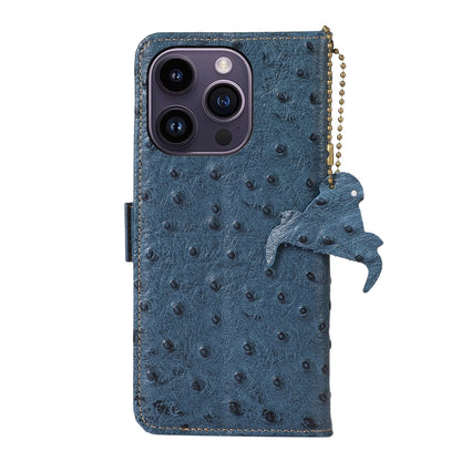 For iPhone 15 Pro Max Ostrich Pattern Genuine Leather RFID Phone Case(Blue) - iPhone 15 Pro Max Cases by buy2fix | Online Shopping UK | buy2fix