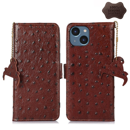 For iPhone 15 Plus Ostrich Pattern Genuine Leather RFID Phone Case(Coffee) - iPhone 15 Plus Cases by buy2fix | Online Shopping UK | buy2fix