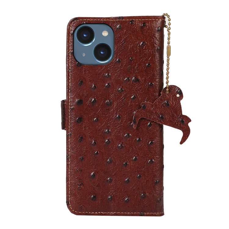 For iPhone 15 Plus Ostrich Pattern Genuine Leather RFID Phone Case(Coffee) - iPhone 15 Plus Cases by buy2fix | Online Shopping UK | buy2fix