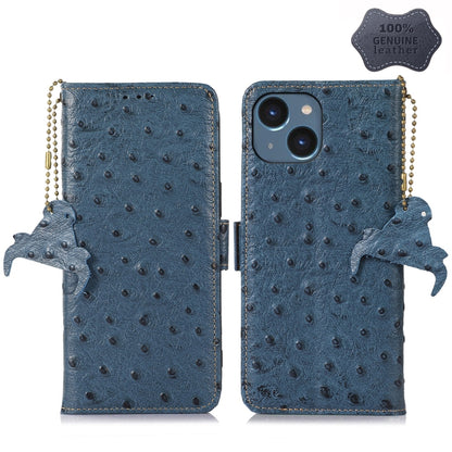 For iPhone 15 Plus Ostrich Pattern Genuine Leather RFID Phone Case(Blue) - iPhone 15 Plus Cases by buy2fix | Online Shopping UK | buy2fix
