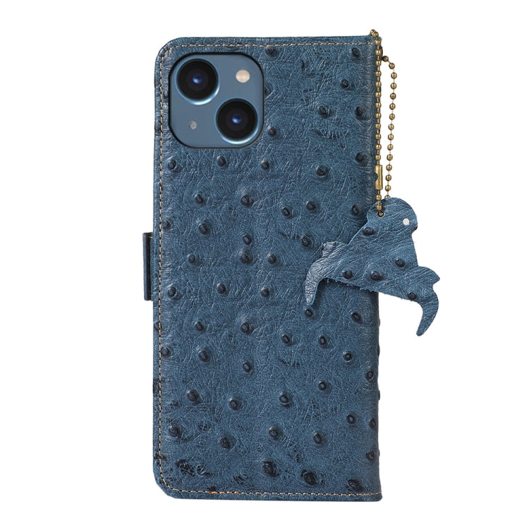 For iPhone 15 Plus Ostrich Pattern Genuine Leather RFID Phone Case(Blue) - iPhone 15 Plus Cases by buy2fix | Online Shopping UK | buy2fix