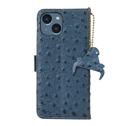For iPhone 15 Plus Ostrich Pattern Genuine Leather RFID Phone Case(Blue) - iPhone 15 Plus Cases by buy2fix | Online Shopping UK | buy2fix