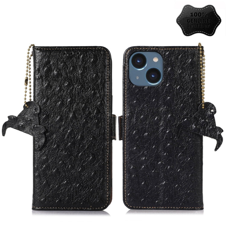 For iPhone 15 Plus Ostrich Pattern Genuine Leather RFID Phone Case(Black) - iPhone 15 Plus Cases by buy2fix | Online Shopping UK | buy2fix