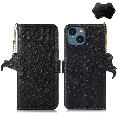 For iPhone 15 Plus Ostrich Pattern Genuine Leather RFID Phone Case(Black) - iPhone 15 Plus Cases by buy2fix | Online Shopping UK | buy2fix