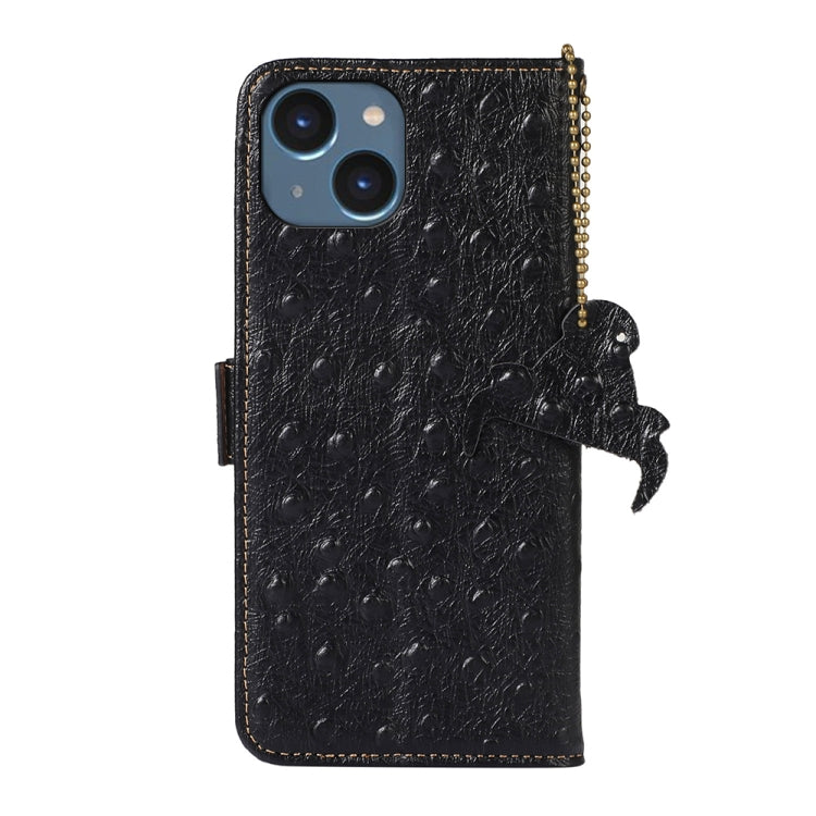 For iPhone 15 Plus Ostrich Pattern Genuine Leather RFID Phone Case(Black) - iPhone 15 Plus Cases by buy2fix | Online Shopping UK | buy2fix