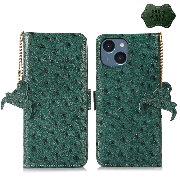 For iPhone 15 Plus Ostrich Pattern Genuine Leather RFID Phone Case(Green) - iPhone 15 Plus Cases by buy2fix | Online Shopping UK | buy2fix