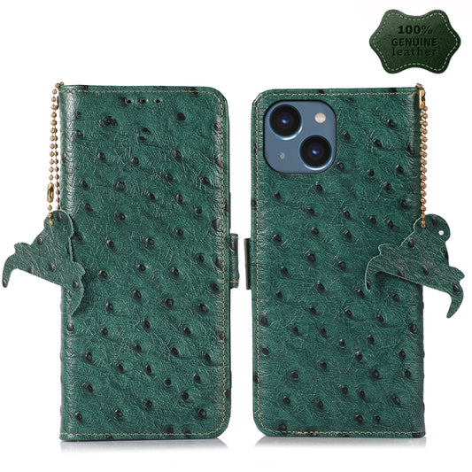 For iPhone 15 Plus Ostrich Pattern Genuine Leather RFID Phone Case(Green) - iPhone 15 Plus Cases by buy2fix | Online Shopping UK | buy2fix