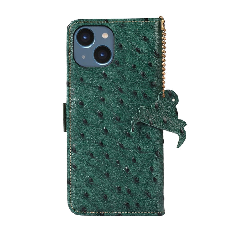 For iPhone 15 Plus Ostrich Pattern Genuine Leather RFID Phone Case(Green) - iPhone 15 Plus Cases by buy2fix | Online Shopping UK | buy2fix