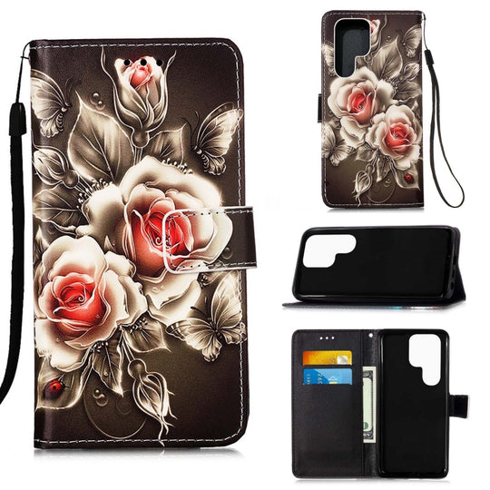 For Samsung Galaxy S23 Ultra 5G Colored Drawing Pattern Plain Weave Leather Phone Case(Roses On Black)
