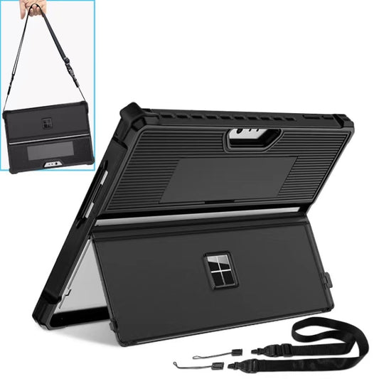 For Microsoft Surface Pro 9 Striped Hollow Tablet Case with Holder Cover and Shoulder Strap(Black) by buy2fix